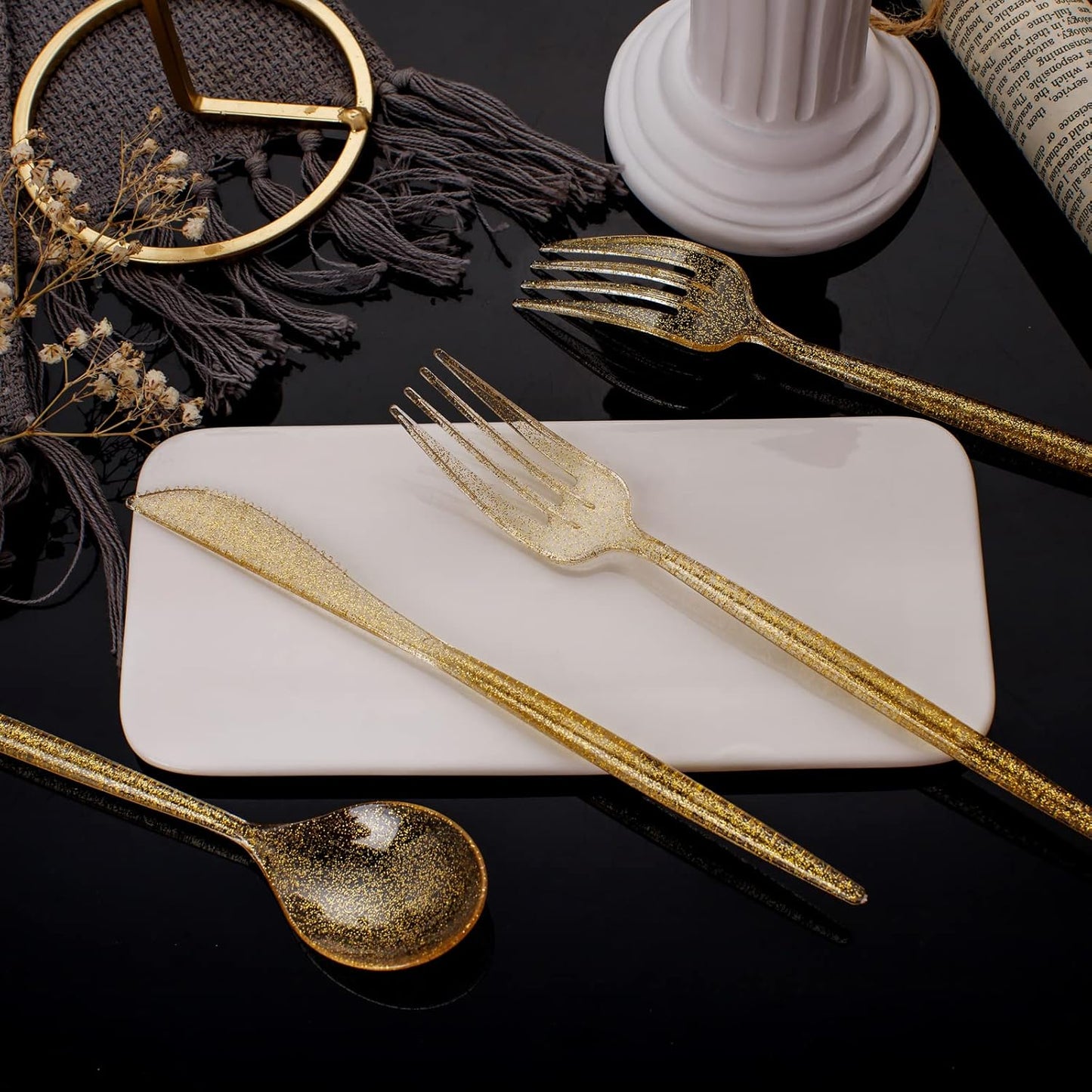 Supernal 180pcs Gold Plastic Silverware Durable Plastic Silverware Gold Glitter Color Party Cutlery Disposable Flatware Heavy Duty Include 60 Forks,60 Knvies,60 Spoons for Wedding,Birthday