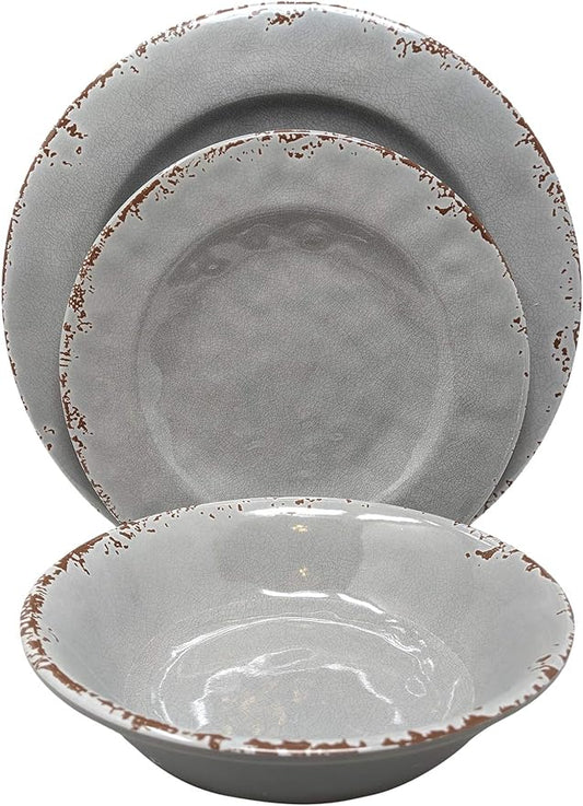 Gianna's Home 12 Piece Rustic Farmhouse Melamine Dinnerware Set, Service for 4 (Gray)