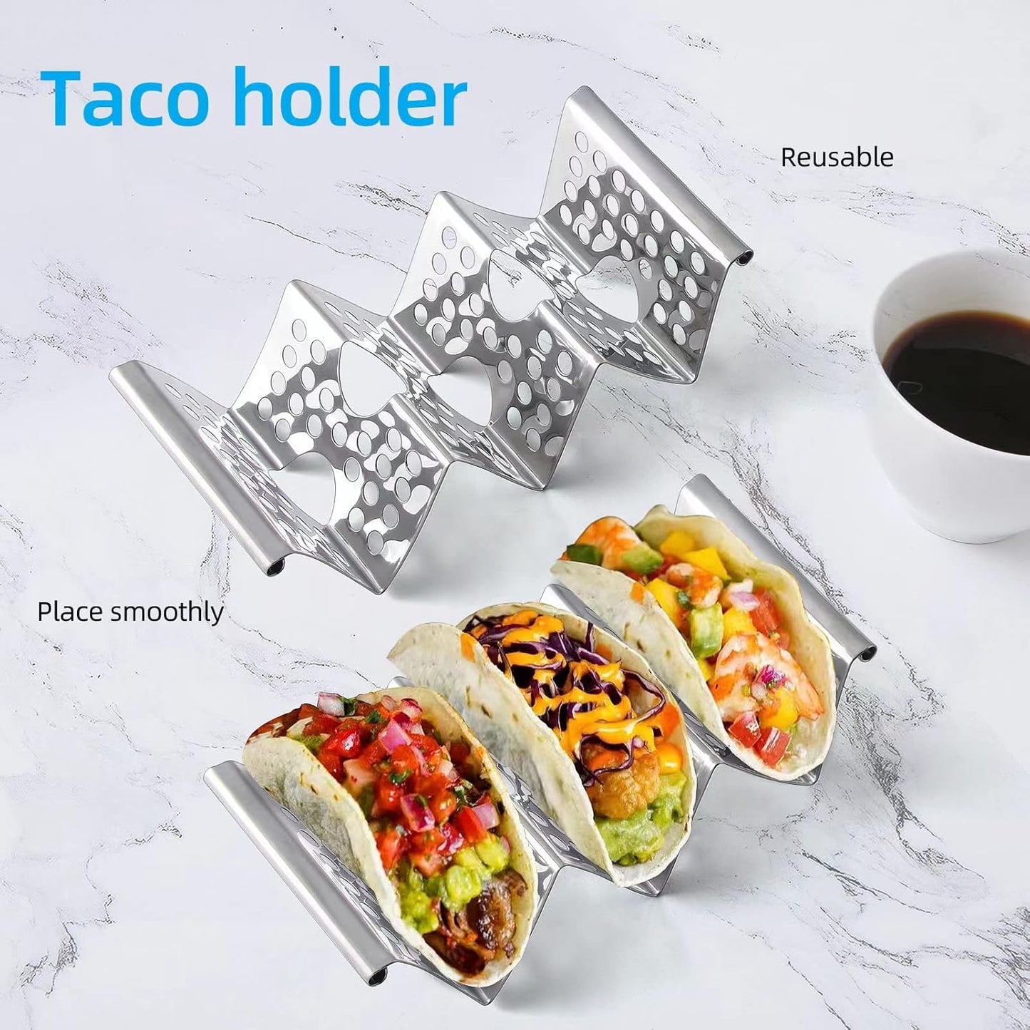 Taco Holders Set of 4, Taco Stand, Stainless Steel Taco Holder, Each Can Hold 3 Tortillas, with Easy-Access Handle, Fits Microwave, Air Fryer and Oven