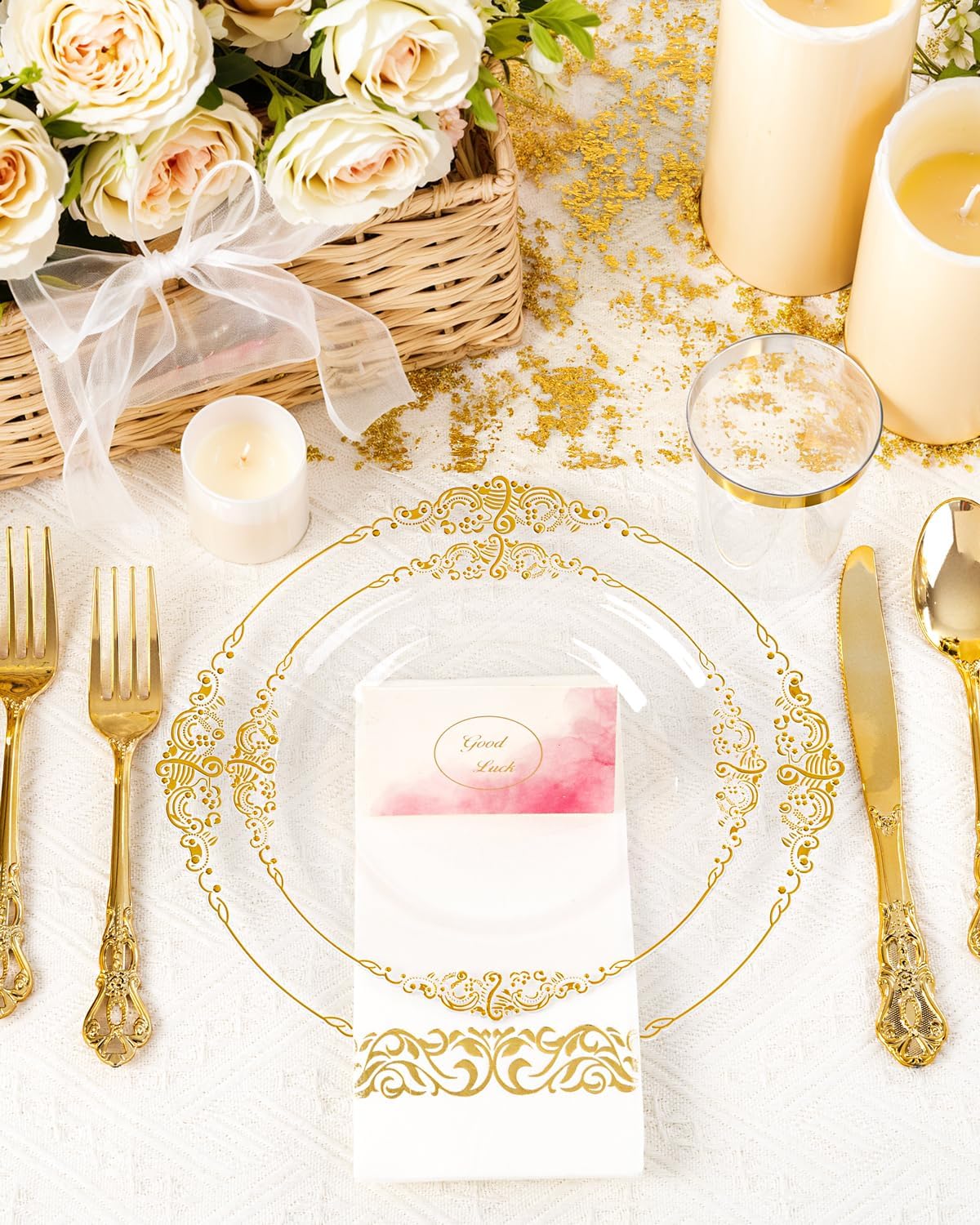 YOUBET 700PCS Clear Gold Plastic Plates - Elegant Gold Plastic Dinnerware Set Include 200 Disposable Plates, 300 Heavy Duty Silverware, 100 Cups, 100 Napkins for Wedding Party & Thanksgiving