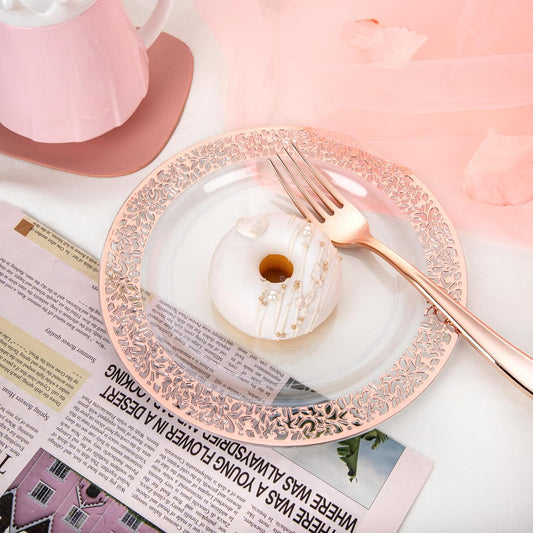 I00000 72 Pcs Rose Gold Dessert Plates 7.5" & 72 Pcs Disposable Forks 7.4", Lace Design Plastic Salad Plate, Plastic Appetizer Plate for all Holidays Perfect for Party & Wedding