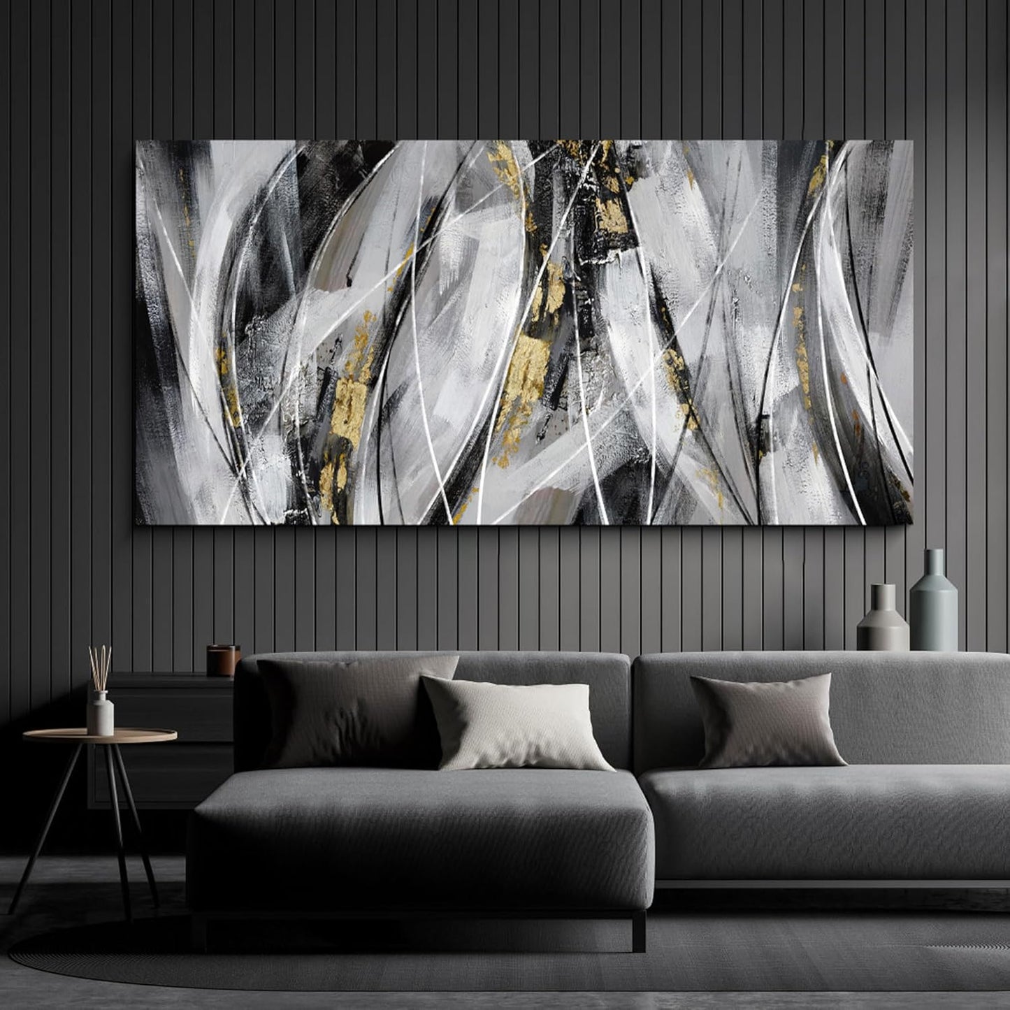 KLAKLA Black and Gold Abstract Wall Art - Big Picture for Living Room Wall - Black and White Canvas Art Work for Home Decor Bedroom Wall Decoration