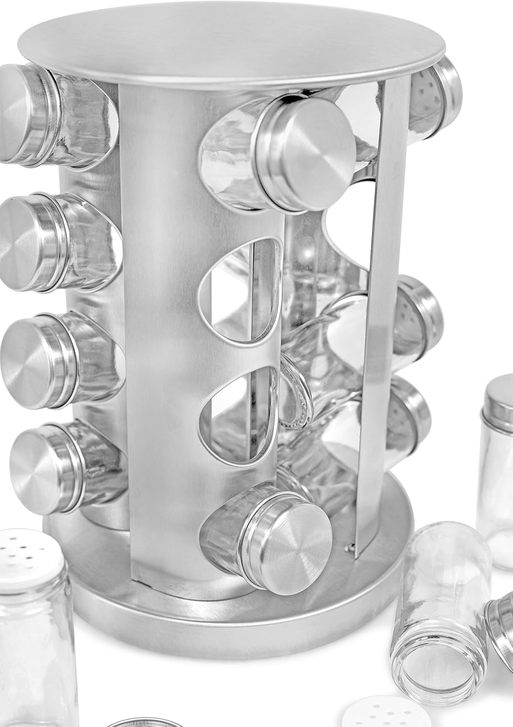 Internet's Best Revolving Spice Tower | Round Spice Rack | Set of 16 Spice Jars | Seasoning Storage Organization | Stainless Steel