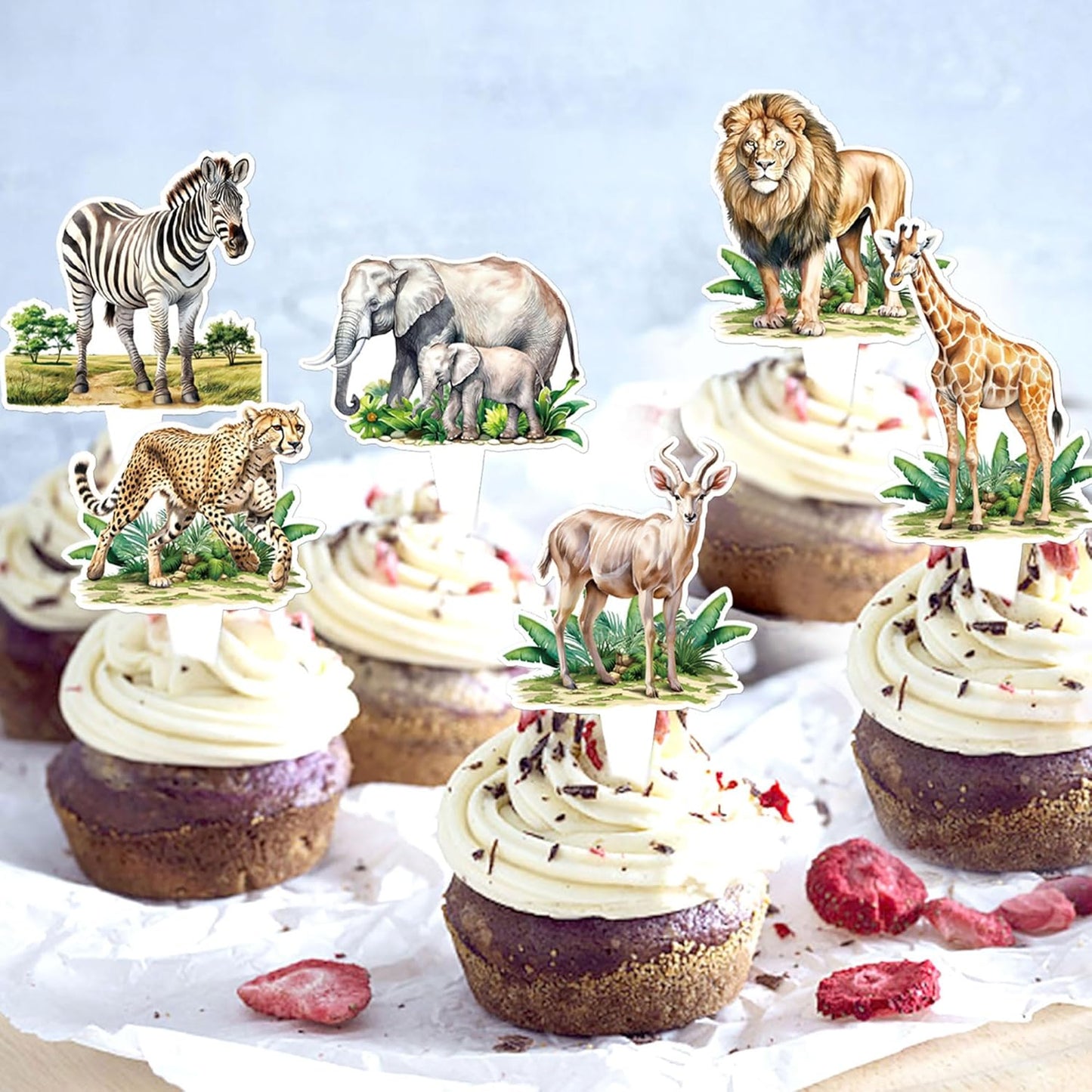 24pcs Jungle Safari Animal Cupcake Toppers,Selected Jungle Themed Children's Party Birthday And Baby Shower Cake Decorations（two-sided）