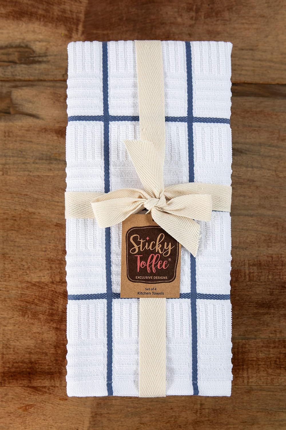 Sticky Toffee Cotton Kitchen Towels Set of 4, Dark Blue and White, 28 x 16 in, Absorbent Reusable Hand and Tea Towels for Kitchen Cleaning