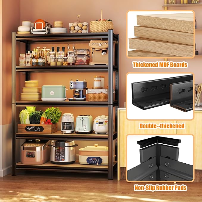 Five tier thickened steel kitchen shelf, load capacity 2000lbs, adjustable height, anti-rust baking paint, easy to organize microwave/oven/pots and pans, stable and non-slip, kitchen organizer!