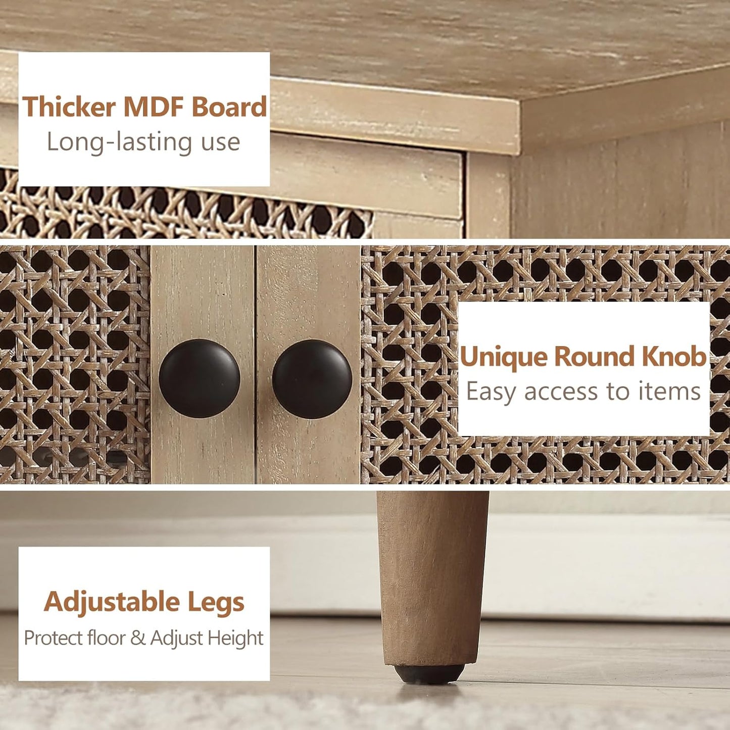 Sideboard Buffet Cabinet, Rattan Storage Cabinet with 2 Doors and Removable Shelf, Farmhouse Decor with Drawers for Living Room, Entryway, Hallway, Kitchen, Dining Room