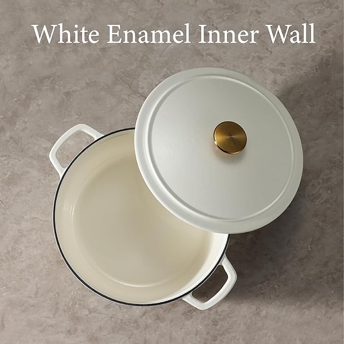 CAROTE Cast Iron Dutch Oven Pot with Lid, Enameled Dutch Oven for Sourdough Bread Baking, Dual Handles, Heavy-Duty Cast Iron Pot, 5QT, Cream White
