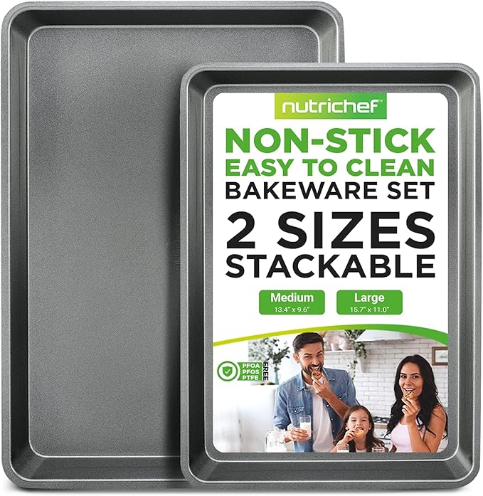 NutriChef 2-Piece Nonstick Stackable Cookie Sheets - Heavy Duty, Non-Toxic Carbon Steel Bakeware Trays, Easy Clean, Warp-Resistant, Large & Medium Sizes - Dishwasher Safe - Gray