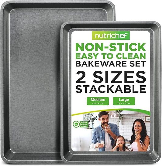 NutriChef 2-Piece Nonstick Stackable Cookie Sheets - Heavy Duty, Non-Toxic Carbon Steel Bakeware Trays, Easy Clean, Warp-Resistant, Large & Medium Sizes - Dishwasher Safe - Gray