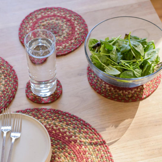 Homespice Cider Barn Jute Braided Trivets for Table, Warm Country Rustic Decor, Set of 3, Red 8" Round Heat Resistant Mats - Rich Colors, Easy to Clean, Durable and Protects Furniture