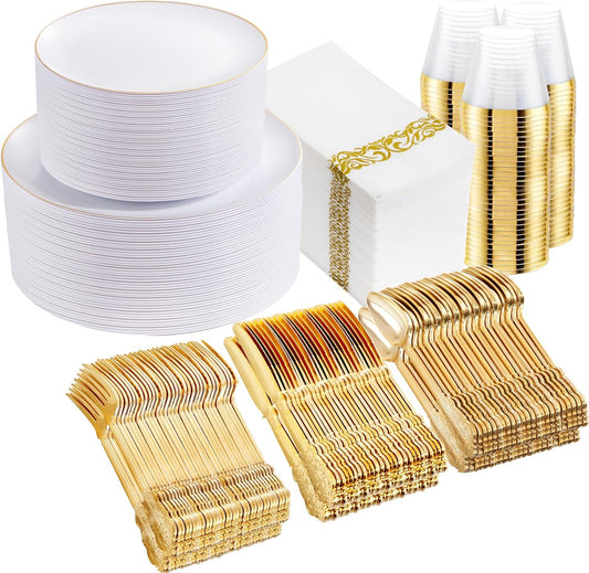DaYammi 700 PCS Gold Plastic Dinnerware Sets, Includes: 100 Gold Rim Dinner Plates, 100 Salad Plates, 100 Paper Napkins,100 Cups 9 OZ, 100 Plastic Silverware Set, Perfect for Party