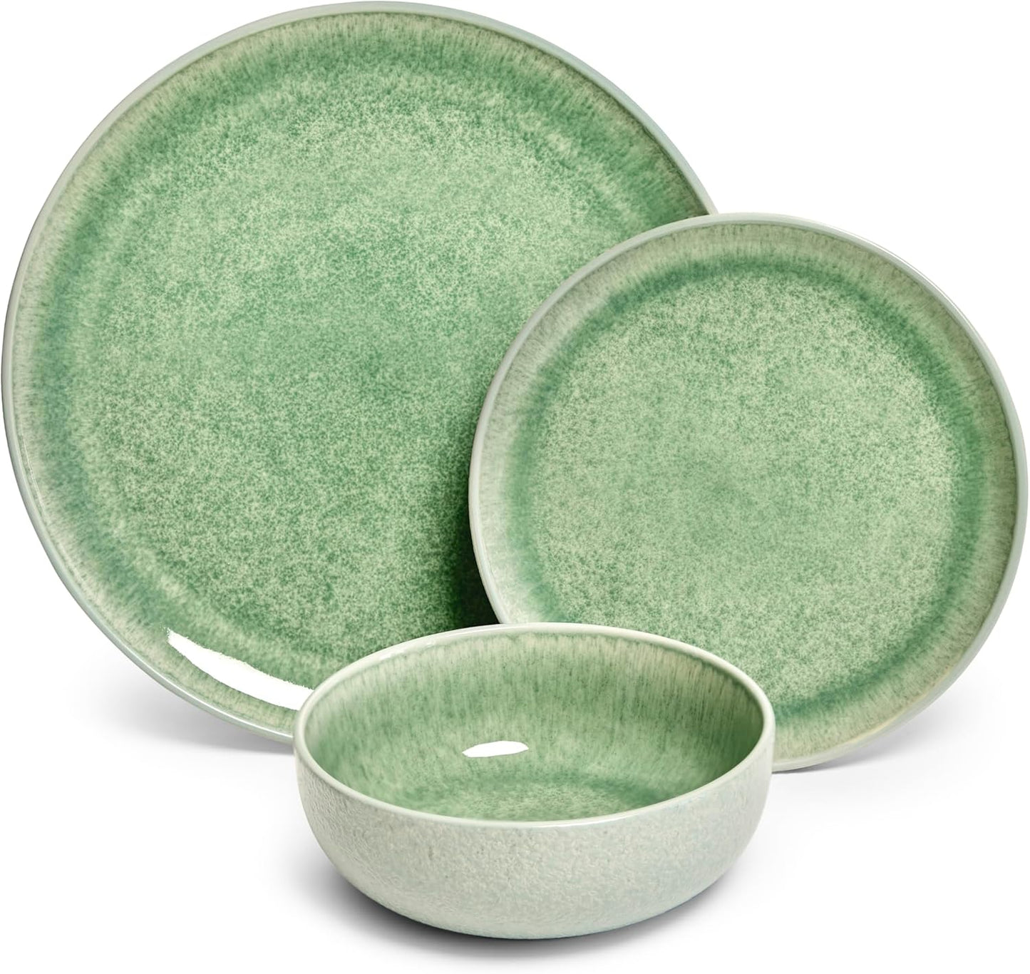 Sango 12-Piece Stoneware Dinnerware Set for 4, Green Ceramic Plates and Bowls Sets, Modern Dish Set with Reactive Glaze, Durable Kitchen Dishes for Casual Dining, Microwave & Dishwasher Safe, Asher