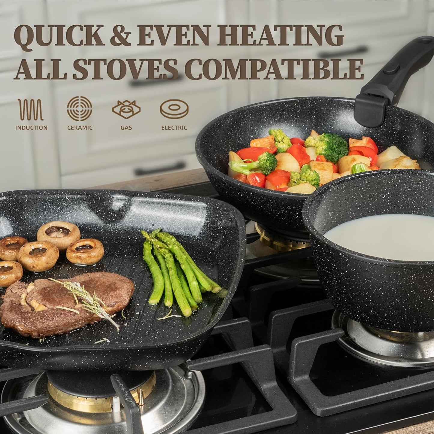 23Pcs Ceramic Cookware Set Non Stick Pots and Pans Set Non Toxic with Detachable Handle Induction Kitchen Cookware Set Space Saving, Oven & Dishwasher Safe, Black