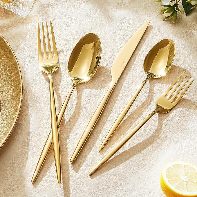 KINGSTONE Silverware Set, 60-Piece Flatware Set Cutlery Set Premium 18/10 Stainless Steel, Tableware Include Forks Knives Spoons for Home Kitchen Restaurant Wedding, Dishwasher Safe,Gold