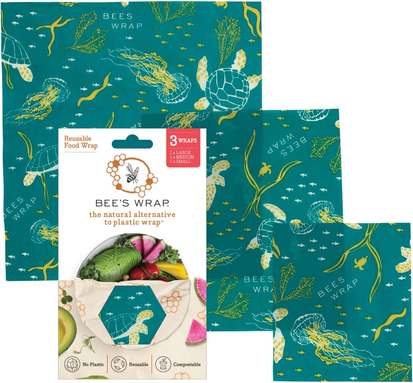 Bee's Wrap Beeswax Wraps for Food - Made in USA Reusable & Organic Food Wraps, Sandwich Wrap & Bowl Covers - Eco-Friendly Alternative to Aluminum Foil & Plastic Wrap, Ocean 3 Pack (S, M, L)