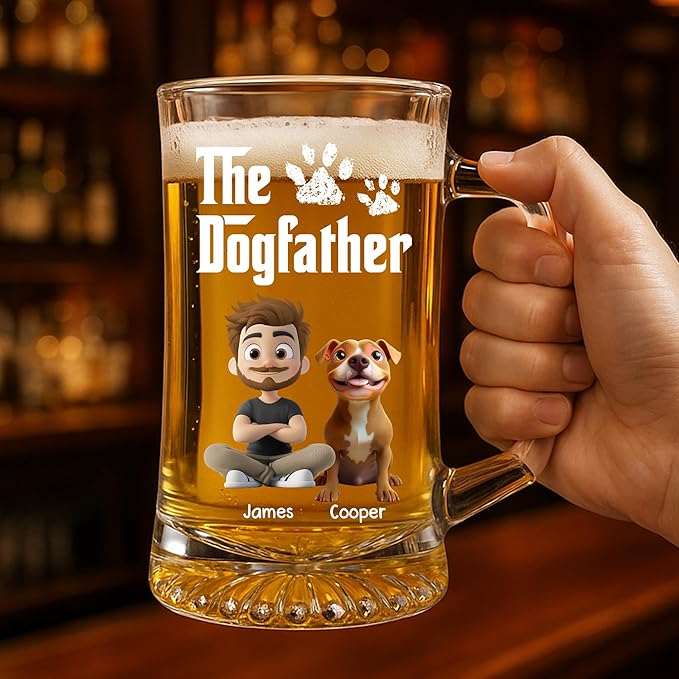 Wrappiness Gift for Dad - Cool Dog Father Personalized Beer Glass With Handle, Custom Breeds and Man Appearance Lovely Fathers Day Pet Papa Gift for Men Pet Lovers, Cute Puppy Owner Drinking Cup
