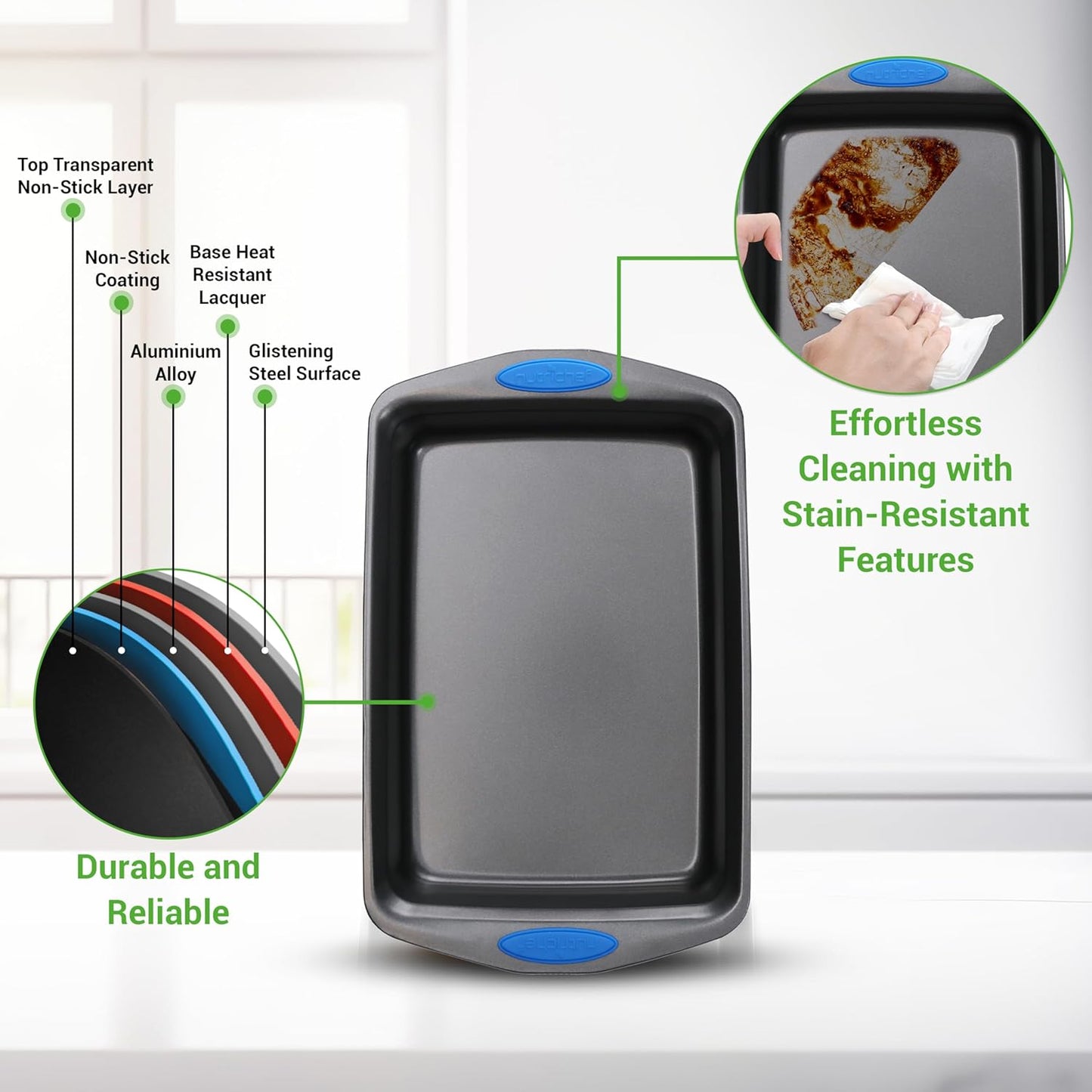 NutriChef 3-Piece Baking Pan Set - Premium Nonstick Carbon Steel Bakeware w/ Silicone Handles - Includes Large, Medium, & Small Pans for Baking & Roasting - PFOA, PFOS, PTFE Free - Gray