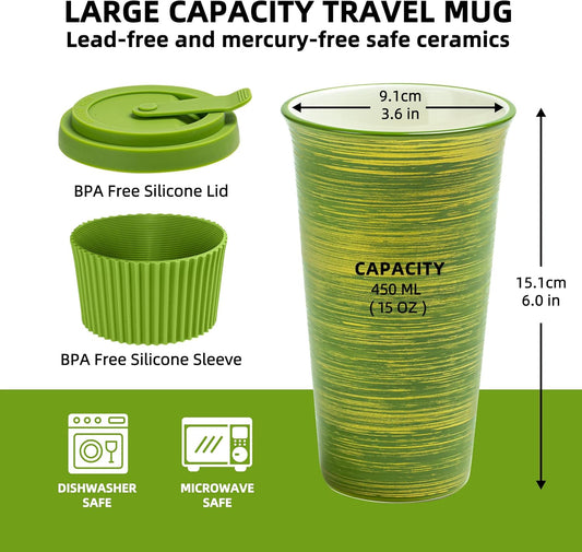 Travel Coffee Mug Green, Ceramic Coffee Mug With Lid And Drinking Straw(15oz/450ml), Handcrafted Novelty Travel Mugs, Microwave & Dishwasher Safe Tumbler With Lid, Unique Gifts