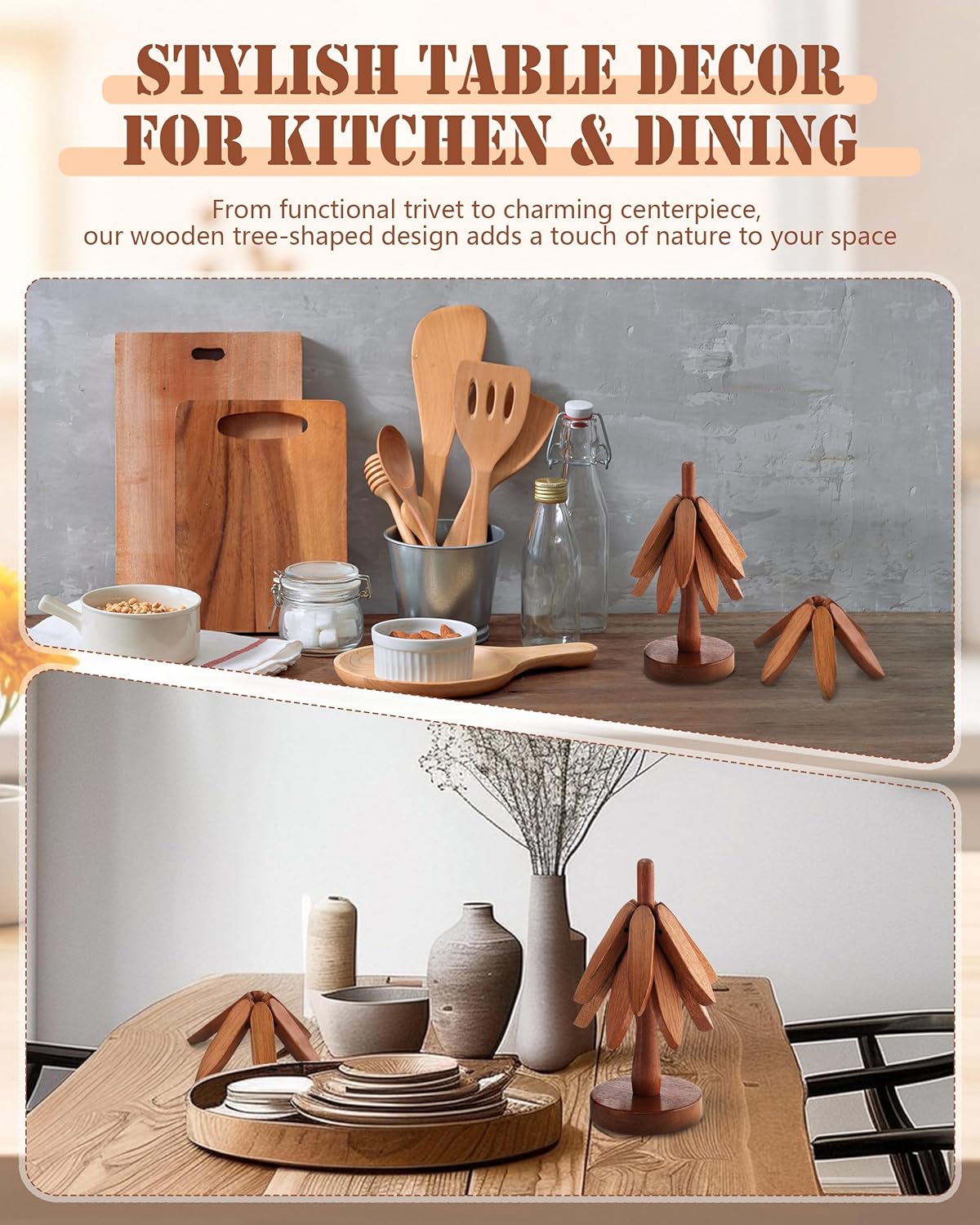 4pcs 8 Inch Walnut Wooden Trivets for Hot Dishes, Hot Pots and Pans, Anti Stain Natural Wood Pot Holders for Kitchen Counter Decor, Wooden Collapsible Tree Coasters with Organizer Dinner Placemats