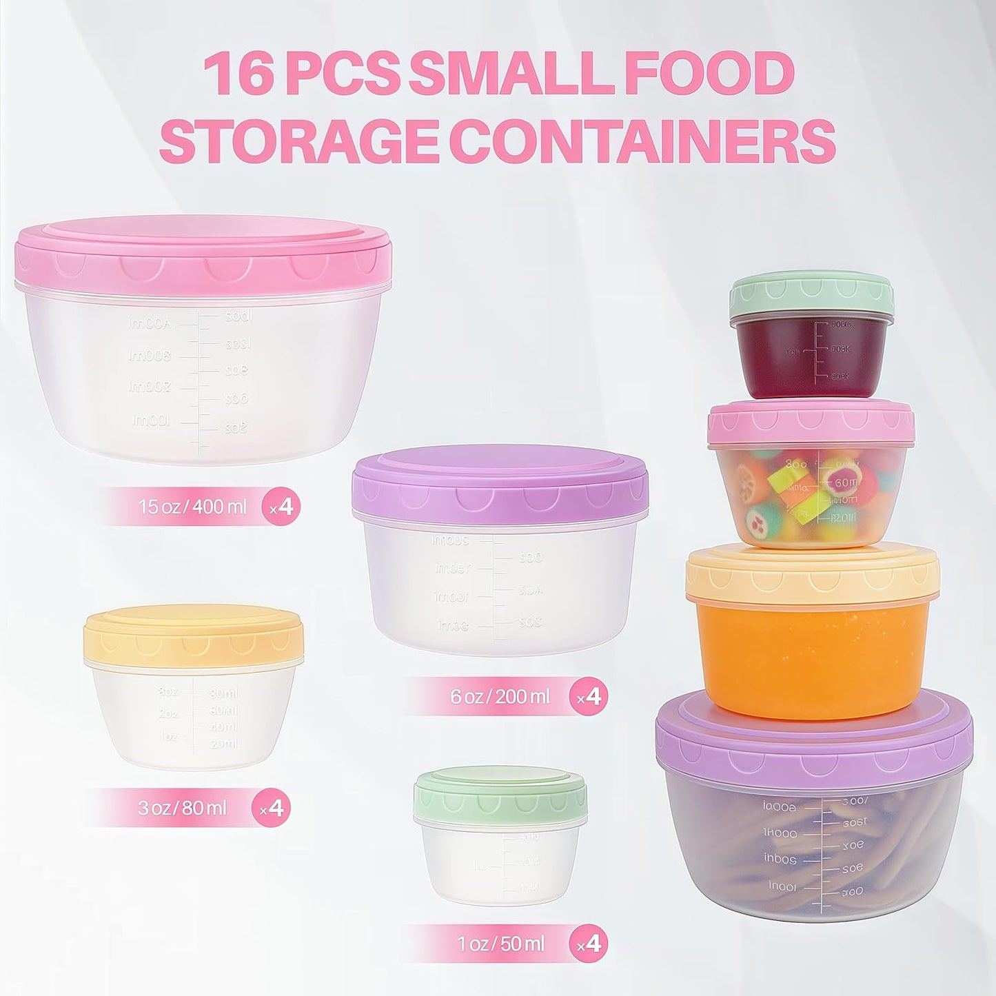 16 Piece Food Storage Containers with Lids (1Oz-45Oz), Leakproof BPA-Free Bowls Set with Pastel Color Lids for Soup, Snacks, Condiment, Salad Dressing & Sauce, Space Saving Nesting Design