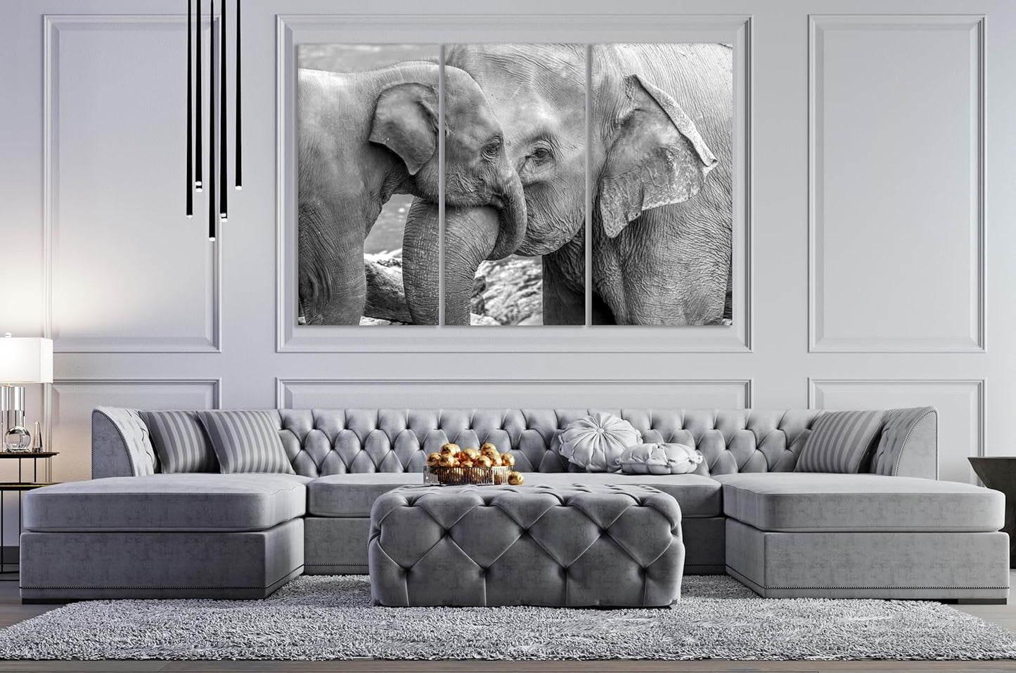 Wildlife Canvas Prints - Wild Animals Home Decor - Medium, Large, and Extra Large Wall Art for Living Room, Bathroom, Kitchen (Elephant Family, 63L" x 94W"- 3 Panels)