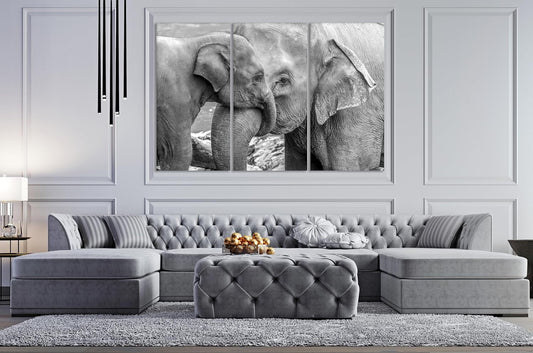 Wildlife Canvas Prints - Wild Animals Home Decor - Medium, Large, and Extra Large Wall Art for Living Room, Bathroom, Kitchen (Elephant Family, 31L" x 47W" - 3 Panels)
