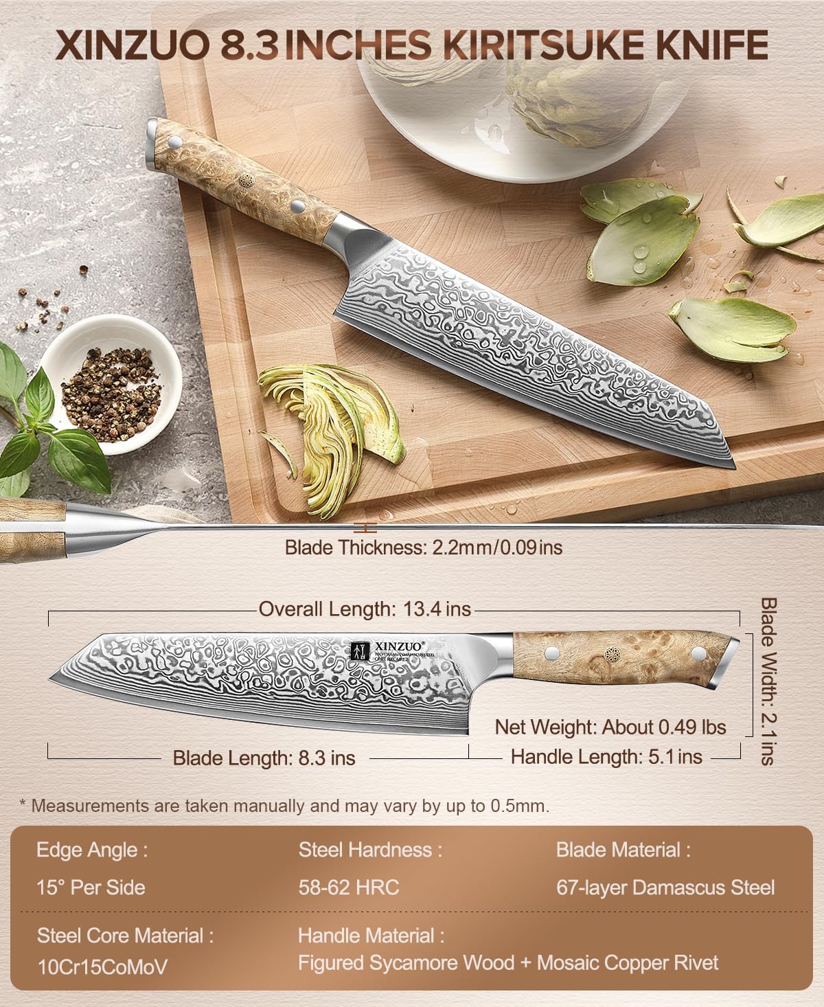 XINZUO Damascus 8.3 Inch Kiritsuke Chef Knife,Hand Forged High Carbon Steel Sharp Kitchen Cutting Knife,Comfortable Ergonomic Full Tang Figured Sycamore Wood Handle