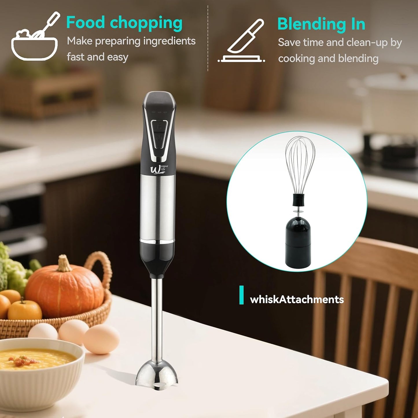 3-in-1 Cordless Hand Blender Set - One-Touch Control & Safety Lock, Immersion Blender with Whisk and Frother for Lattes, Desserts, Soups, Dishwasher-Safe