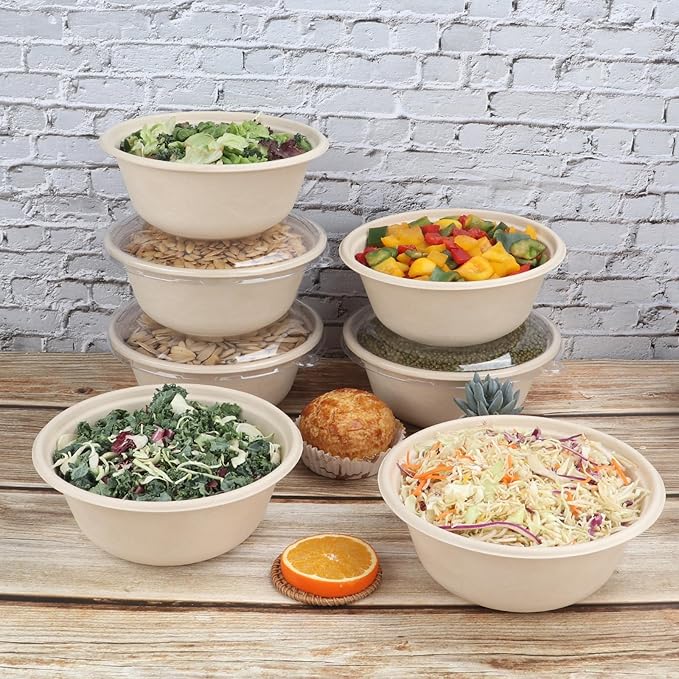 40 oz Disposable salad bowls with lids,Sugarcane Fiber Paper Bowls take away food containers Bagasse Plant Fibers Freezer Safe 25 Pack