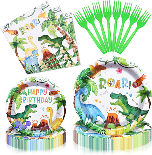 96 Pieces Dinosaur Birthday Tableware Set - Happy Birthday Disposable Dinnerware with Dino Design Plates, Napkins, and Forks for Boys Kids Party Decorations and Celebration, Serves 24 Guests