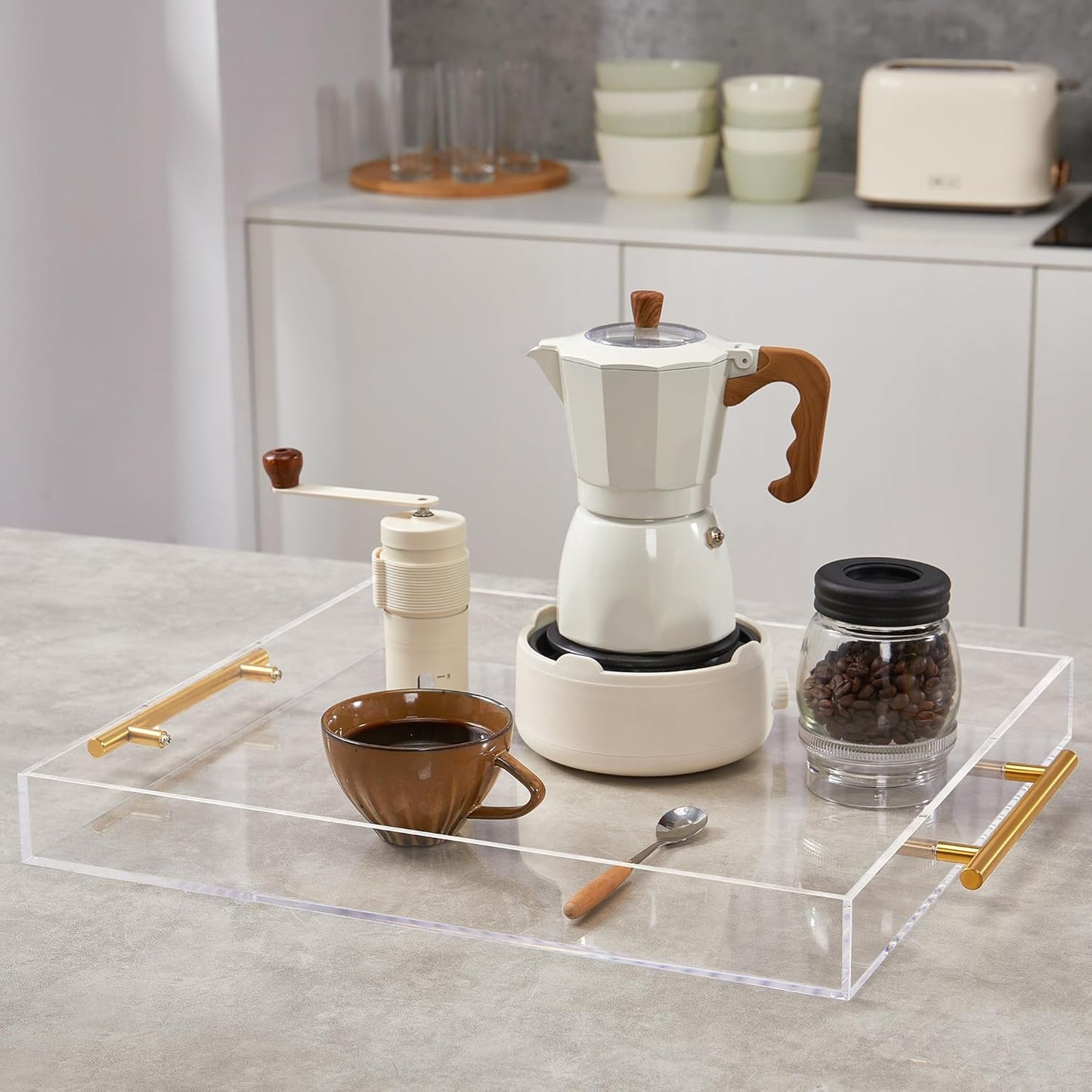 Large Clear Acrylic Serving Tray (14×18 Inches) with Gold Handles Spill Proof Acrylic Decorative Tray Organiser for Ottoman Coffee Table Countertop