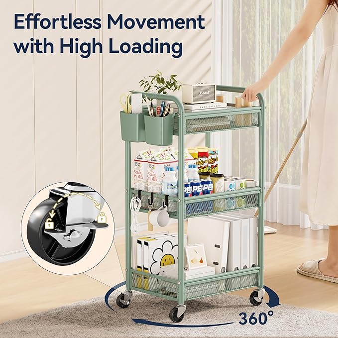 YASONIC 3 Tier Rolling Cart – Metal Utility Storage Carts with Wheels, Craft Carts Organizer with Hanging Cups, Hooks, Mesh Basket for Bedside Kitchen Office Art, Green