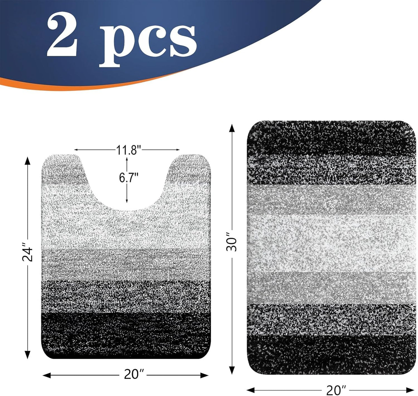 OLANLY Bathroom Rug Set 2 Piece, Soft Absorbent Microfiber Bath Mats and U-Shaped Contour Toilet Rug, Non-Slip, Machine Wash Dry, Plush Shaggy Bath Mats for Bathroom (30"x20"+24"x20", Black)