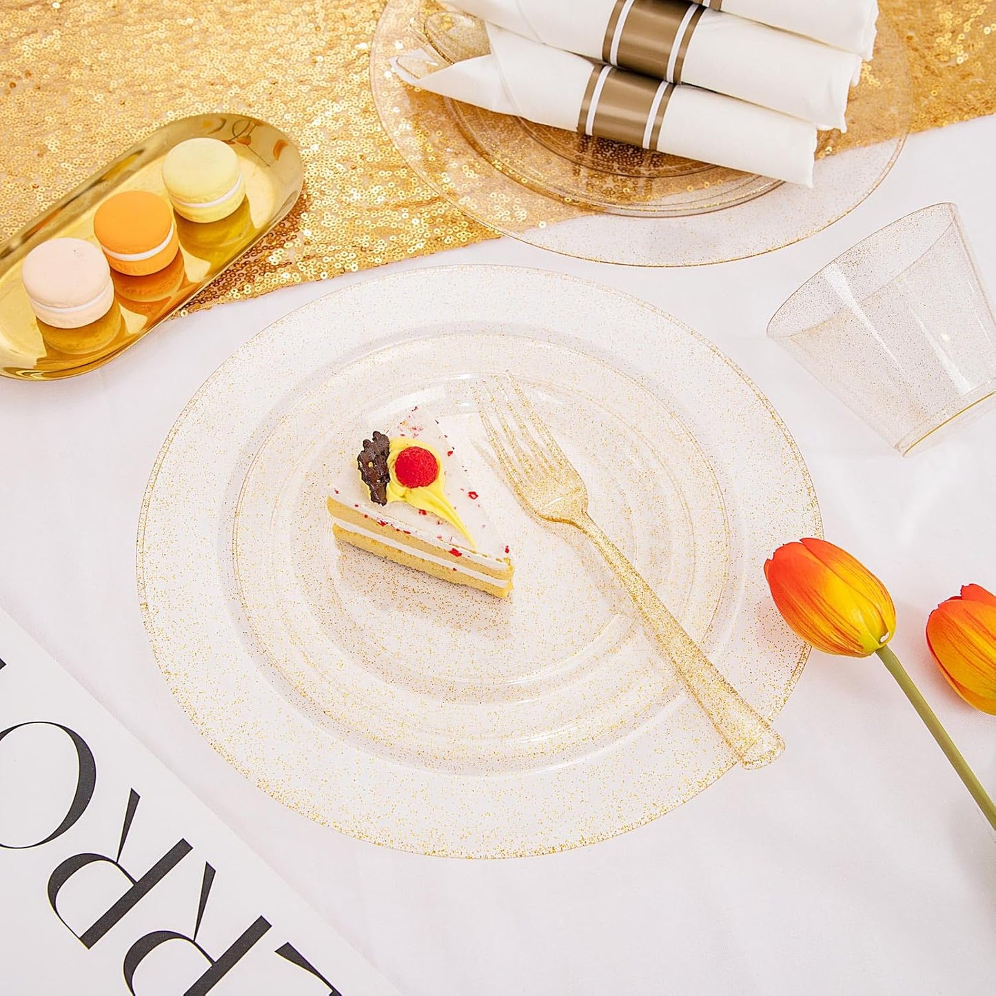 DaYammi 112Pcs Gold Glitter Plastic Plates,Gold Disposable Dinnerware-Thanksgiving Plastic Plates Includes 16 Dessert Plate,16 Dinner Plate,16 Per Rolled Napkins with Cutlery and Cups for Party