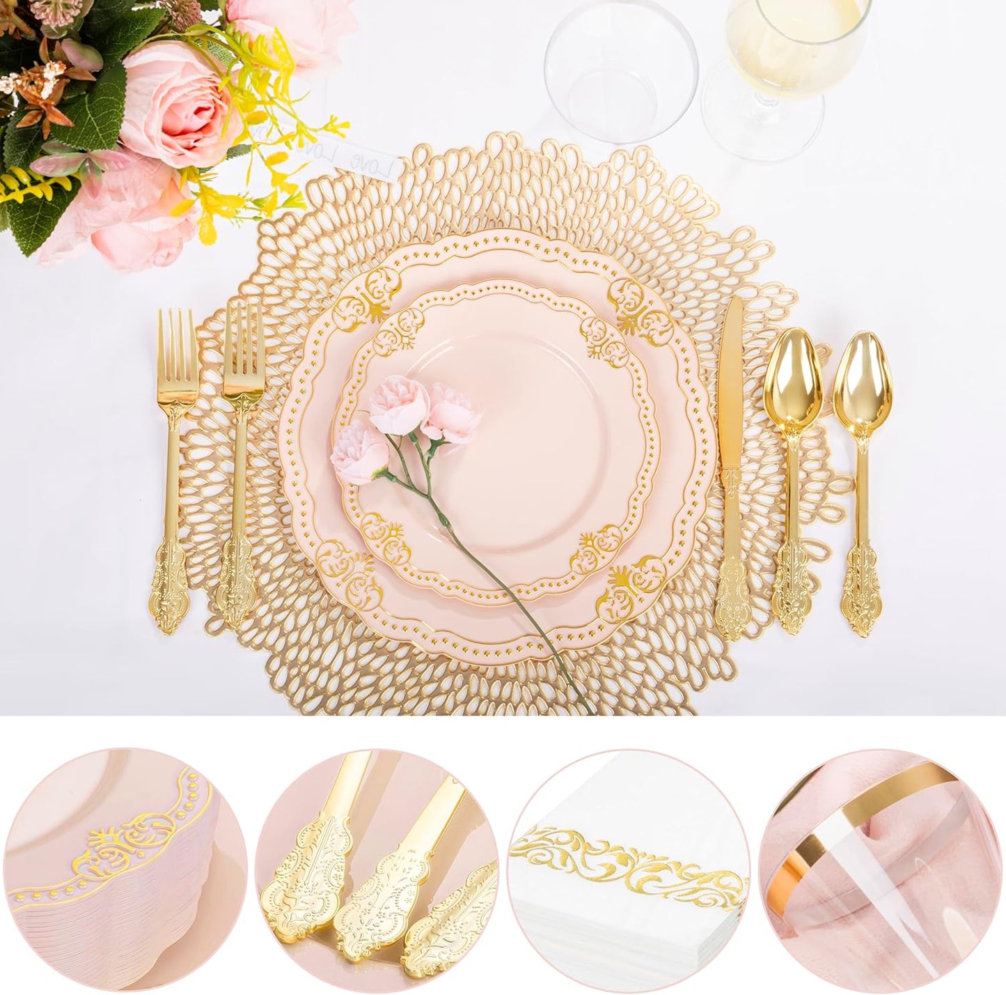 Ciaell 175 PCS Pink and Gold Plastic Plates - Fancy Gold Disposable Dinnerware Set with of 50 Plates, 25 Knives, 25 Forks, 25 Spoons, 25 Cups, 25 Napkins for Party & Weddings