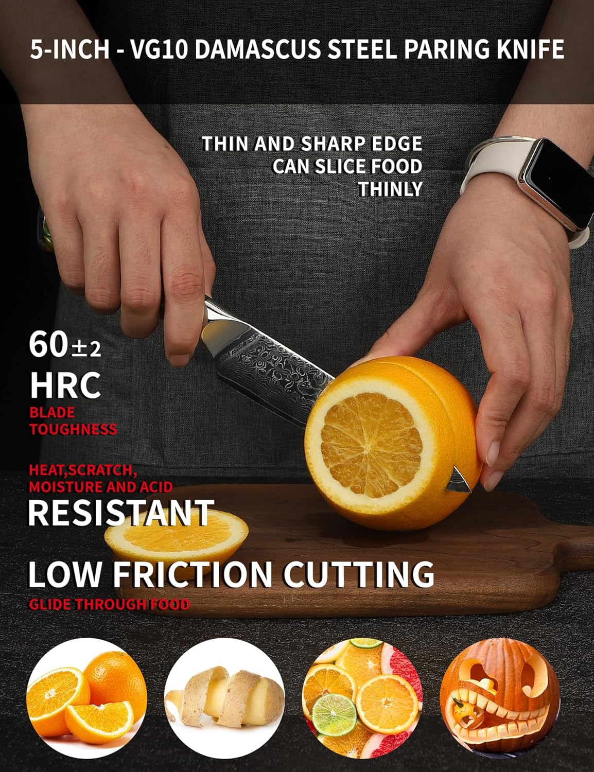 5 Inch Kitchen Utility Knife - Xuan Series Kitchen Knives - VG10 Damascus Steel with Resin Handle (Fantasy Orange)