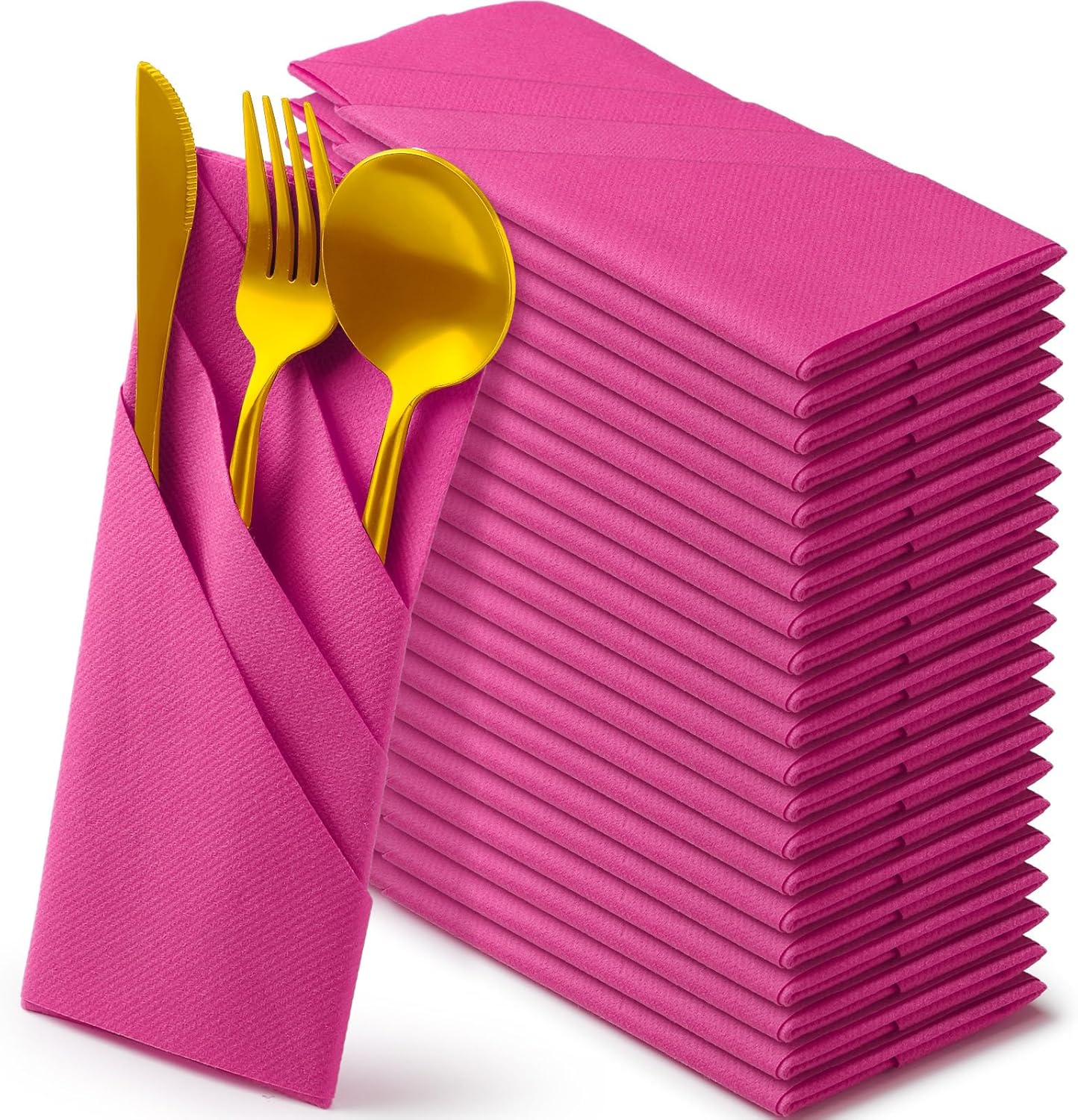 Qilery 50 Pcs Paper Linen Napkins Disposable Airlaid Paper Prefolded Dinner Napkins with Built in Flatware Pocket for Silverware Valentine Wedding Party Christmas Day (Hot Pink)