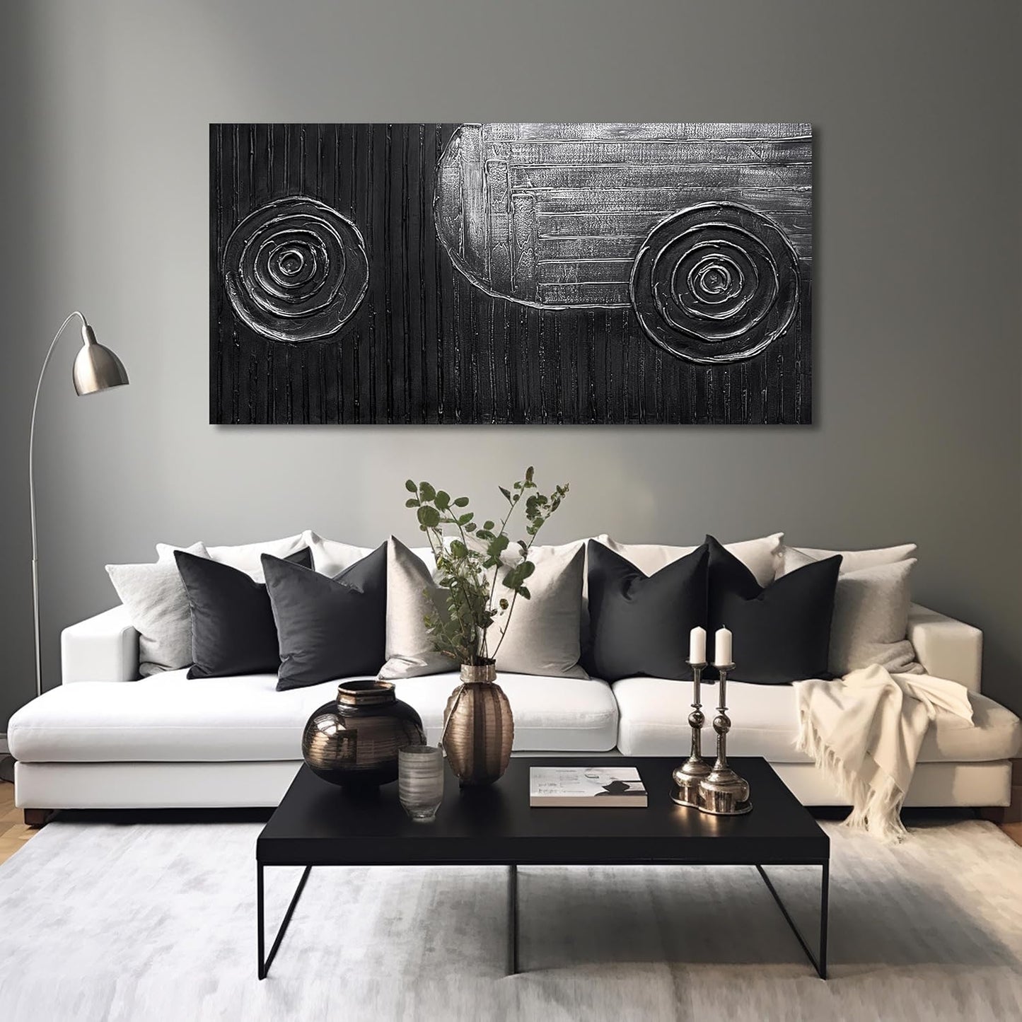 Black and Silver Circles Canvas Wall Art for Living Room Abstract Painting Wall Decor for Dining Room Minimalist Wall Decor for Office Size 24 x 47 Inch