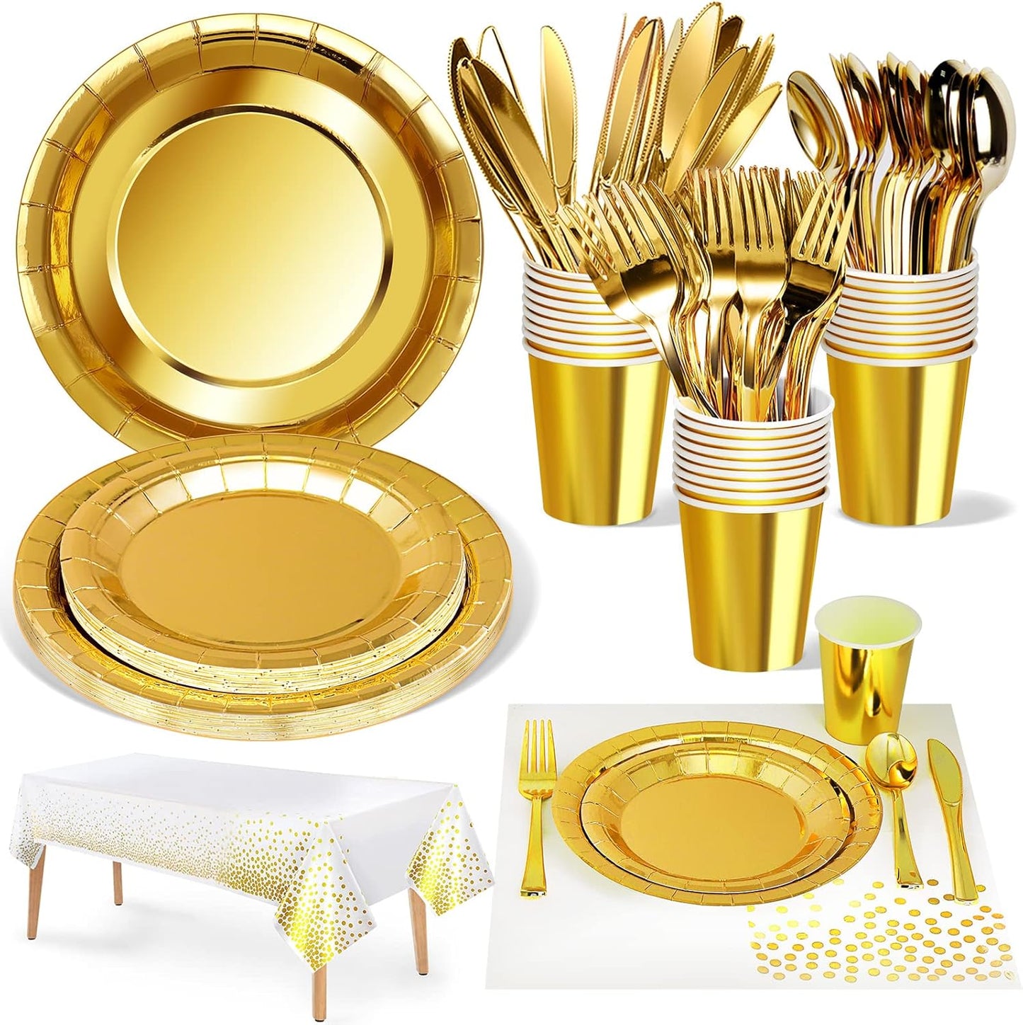 141 Pieces Gold Party Supplies, Party Dinnerware Sets Include Paper Plates Napkins Cups Silverware, for Wedding Bridal Shower Engagement Birthday Parties Decoration -20 Serves