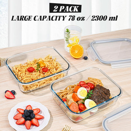 2Pack 9.8 Cups/ 78 Oz Large Glass Food Storage Containers with Lids, Glass Meal Prep Containers with Airtight Lids - BPA Free, Leakproof, Ideal for Food Storing/Serving, Microwave/Oven Safe