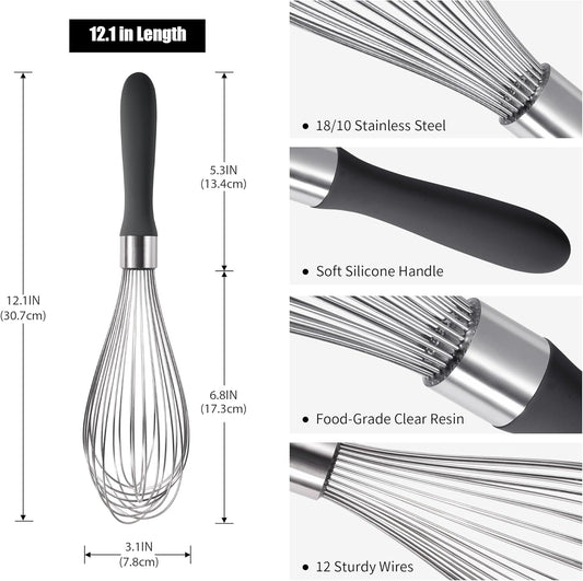 18/8 Stainless Steel Balloon Whisk, Doosu Kitchen Whisk for Cooking Handheld Egg Beater with Rust-Proof Sturdy Wires & Non-Slip Silicone Handle for Beating, Stirring, Blending (12 Wires, Black)