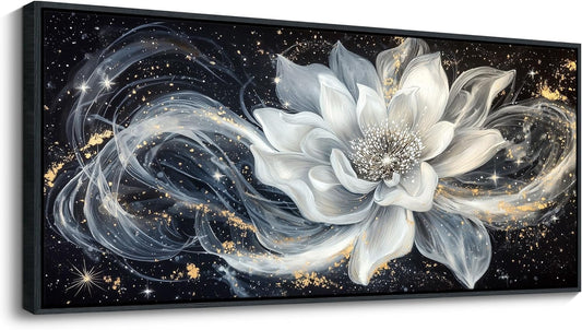 QZQCBLC Extra Large Wall Art, Black and White Lotus Modern Abstract Flower Pictures Gold Silver Canvas Framed Painting Artwork for Living room Bedroom kitchen Hallway Home Office Decor 32x71 IN