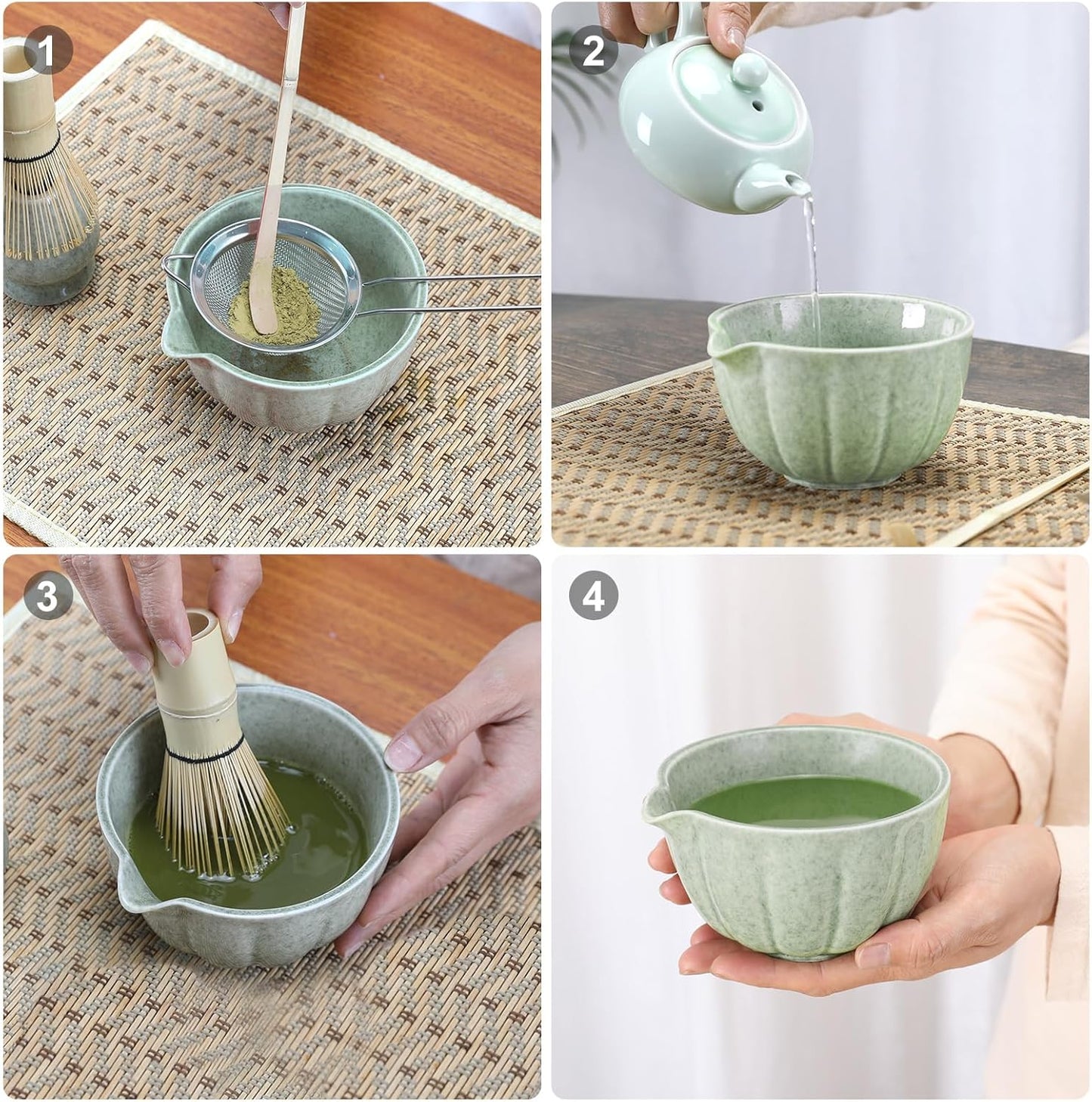Matcha Whisk Set, 5 Pcs Matcha Set includes Matcha Whisk and Bowl with Spout, Stainless Sifter, Bamboo spoon, Ceramic Holder, 17 oz Mottled Green Glaze Ceramic Matcha Kit for Tea Lovers