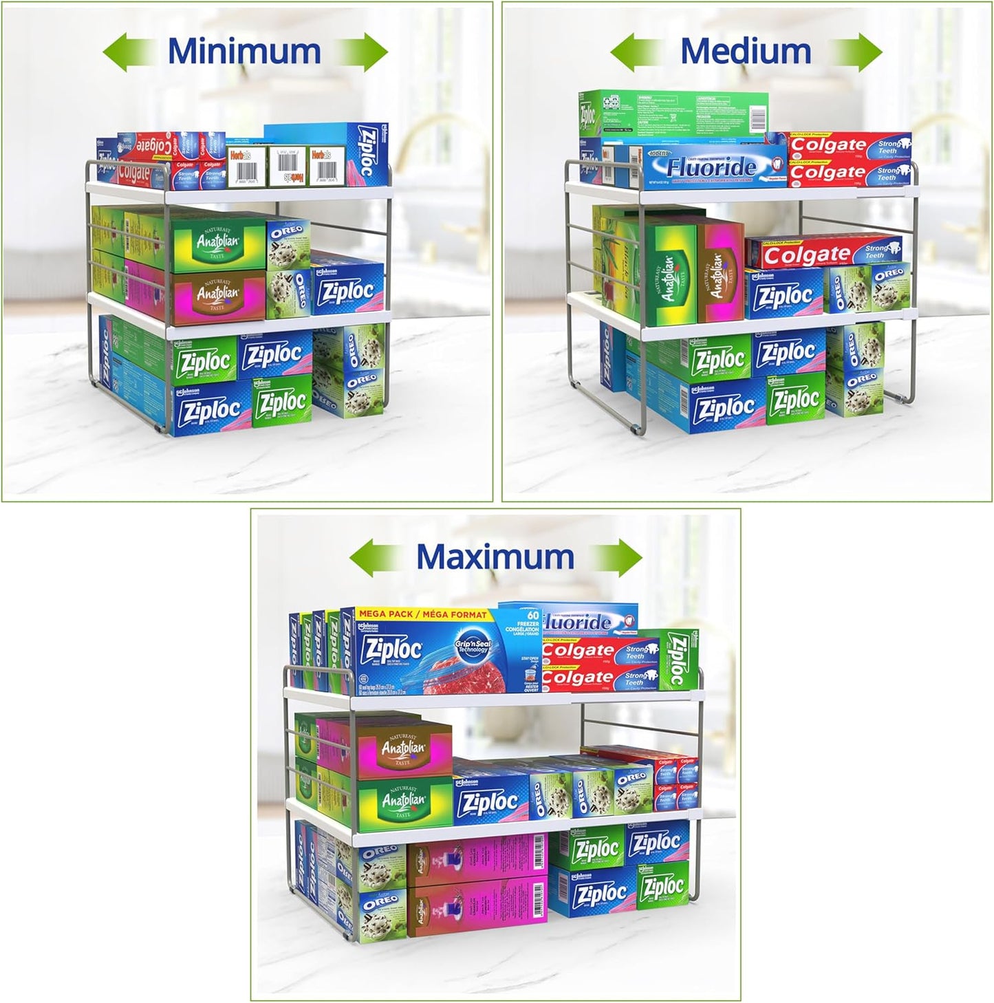 YAN & HIN 2 Packs 3-Tier Pantry Cabinet Organizers and Storage, Adjustable Height and Expandable Kitchen Plastic Wrap Organizer, Sturdy Aluminum Foil Countertop and Storage for Multi-Purpose Use