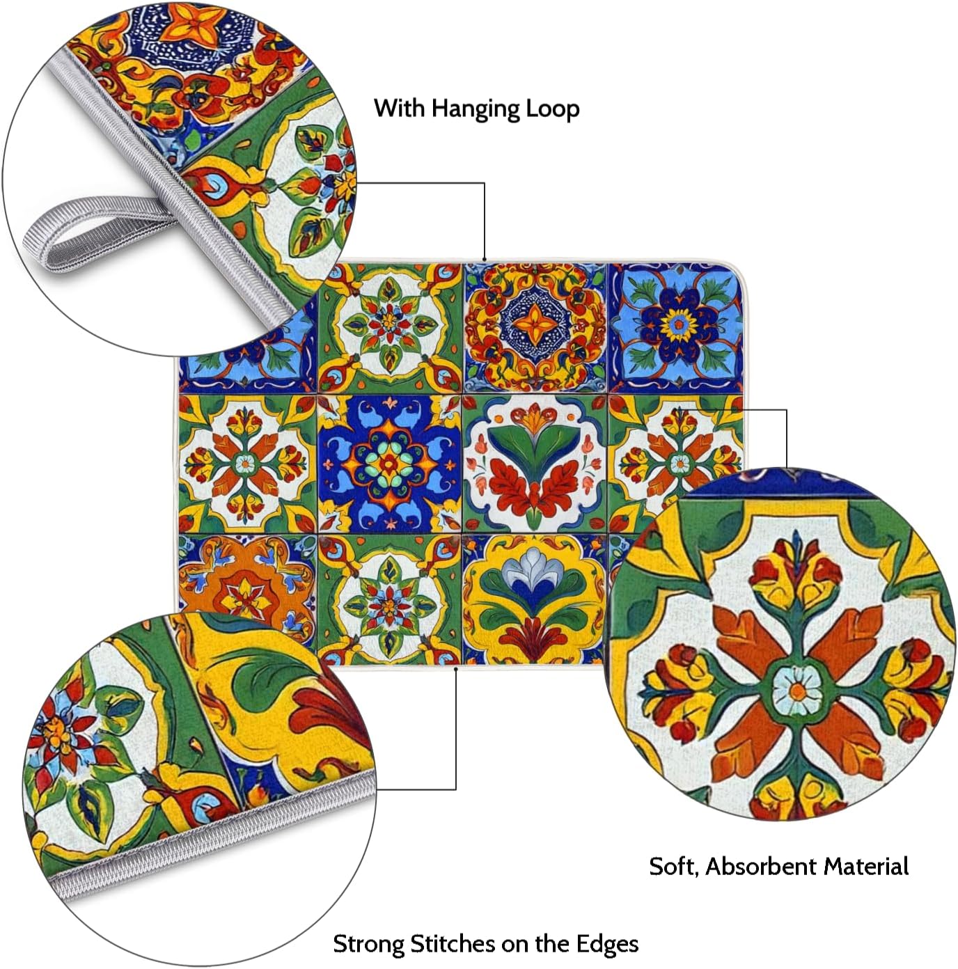 Dish Drying Mats for Kitchen - Super Absorbent Dish Dryer Mat for Countertops Microfiber Dishes Drainer Pad Hide Stain Draining Rack Mat Gadgets for Easy Clean Multi-Use 16"x18" (Mexican Tiles, S)