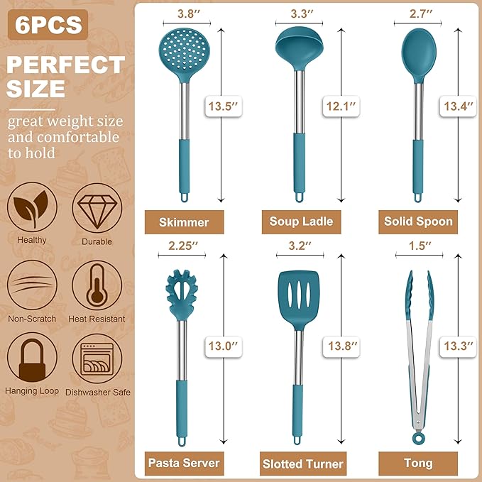 LIANYU Silicone Kitchen Cooking Utensils Set, 6Pcs Heat Resistant Kitchen Tools Spatula for Nonstick Cookware, Slotted Turner, Spoon, Soup Ladle, Pasta Server, Skimmer, Tongs, Blue