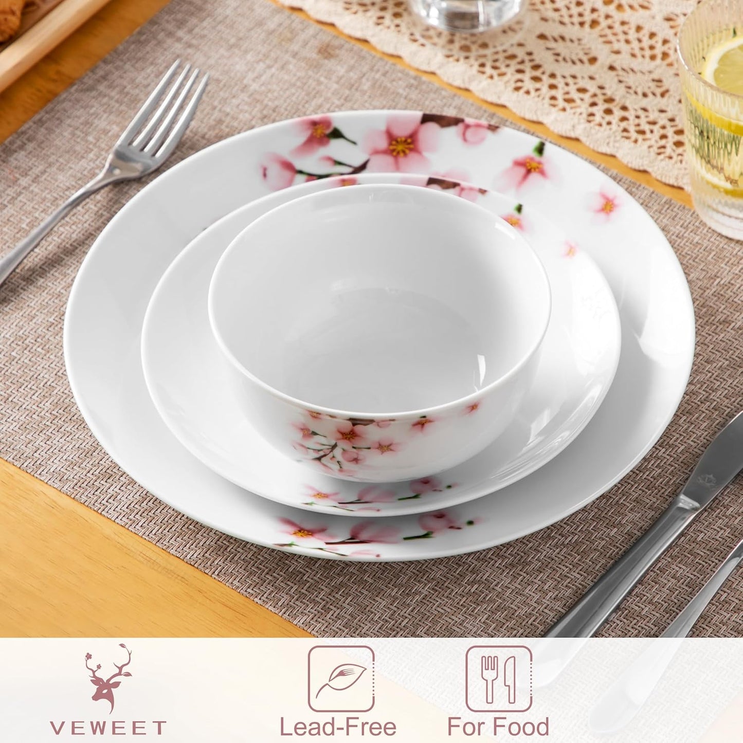 VEWEET Porcelain Dinnerware Sets for 4, 12 Pieces Plates and Bowls Set with Pink Floral, Kitchen Dishes Set Dining Ware for Family, Microwave and Dishwasher Safe, Series ANNIE