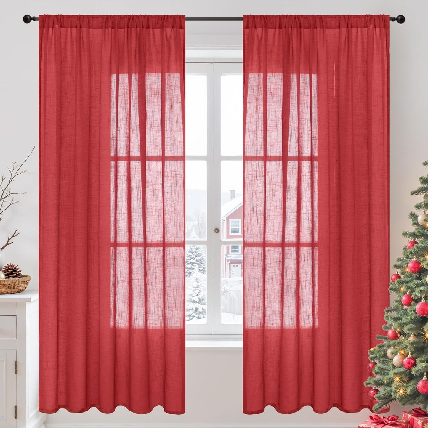 BGment Red Linen Curtains 72 Inches Long for Living Room, Semi Sheer Drapes with Rod Pocket for Bedroom Dining Christmas Holiday Decor Lightweight, 2 Panels Set, Each 52 Inch Wide