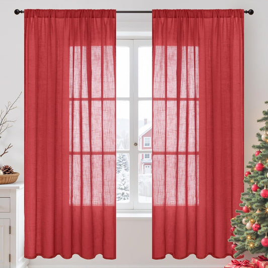 BGment Red Linen Curtains 72 Inches Long for Living Room, Semi Sheer Drapes with Rod Pocket for Bedroom Dining Christmas Holiday Decor Lightweight, 2 Panels Set, Each 52 Inch Wide